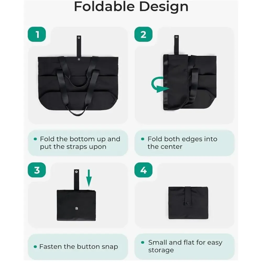 Foldable Tote Bag With Zipper, Travel Shoulder Bag, Handbag for Work- Black